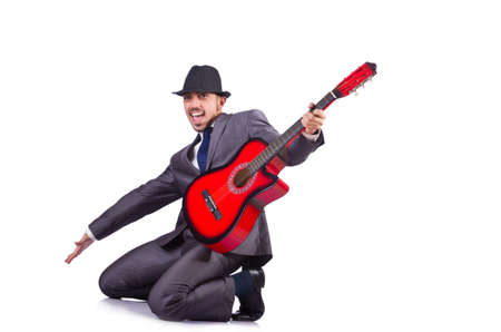 Businessman quitar player isolated on whiteの写真素材