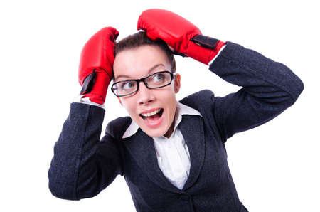 Woman with boxing gloves on whiteの写真素材