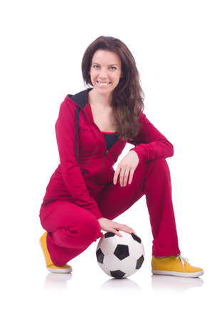 Young woman with football on whiteの写真素材