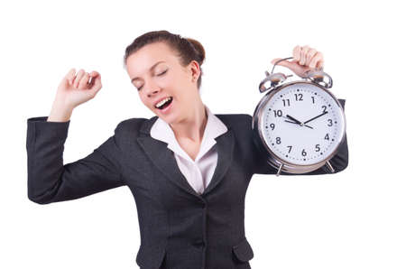 Woman with giant clock on whiteの写真素材