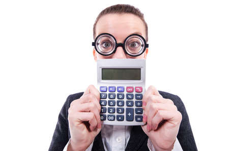 Funny accountant with calculator on whiteの写真素材
