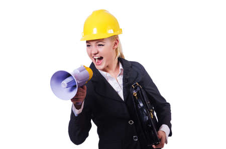 Female construction worker with loudspeakerの写真素材
