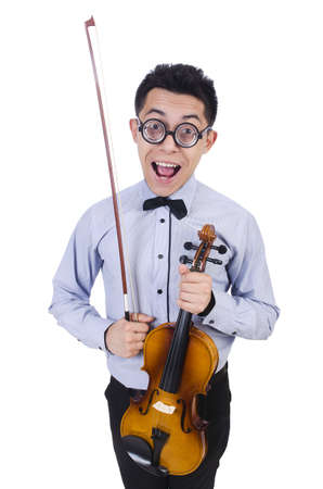 Funny man with violin on whiteの写真素材