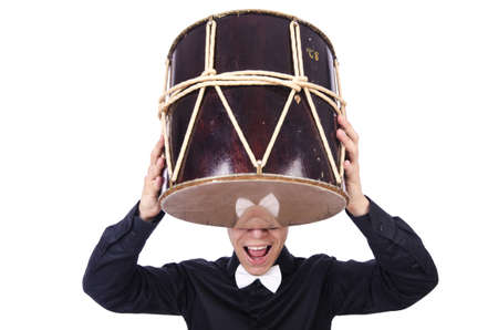 Funny man with drum on whiteの写真素材