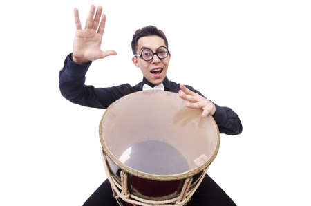 Funny man with drum on whiteの写真素材