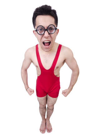 Funny wrestler isolated on whiteの写真素材