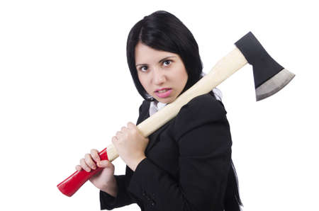 Angry businesswoman with axe on whiteの写真素材