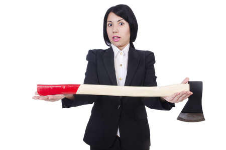 Angry businesswoman with axe on whiteの写真素材