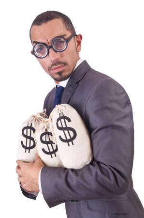 Man with money sacks on whiteの写真素材
