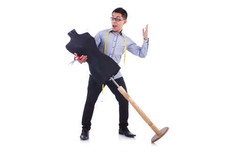 Funny male tailor on whiteの写真素材