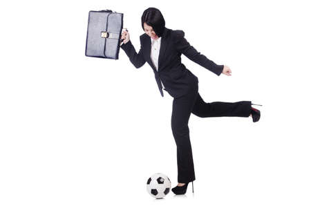 Businesswoman with ball on whiteの写真素材