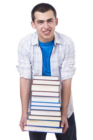 Student with lots of books on whiteの写真素材
