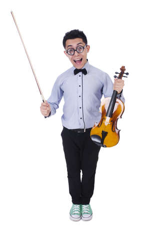 Funny man with violin on whiteの写真素材