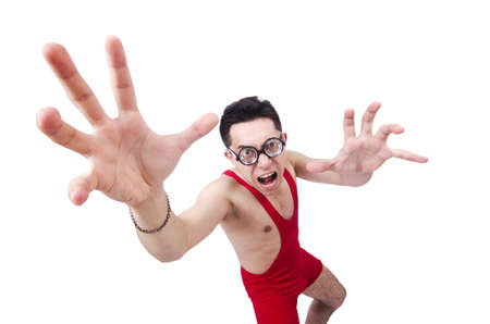 Funny wrestler isolated on whiteの写真素材
