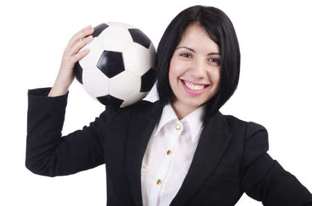 Businesswoman with ball on whiteの写真素材