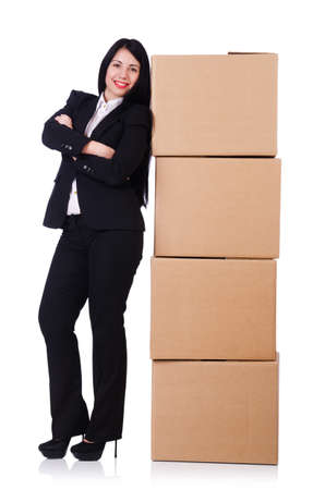 Woman with lots of boxes on whiteの写真素材