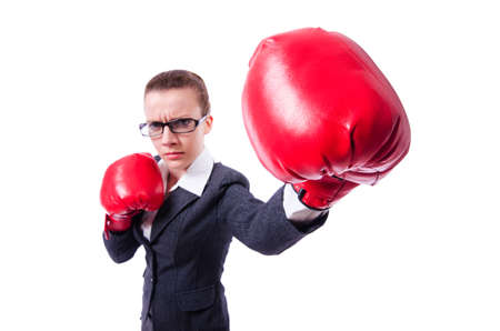 Woman with boxing gloves on white