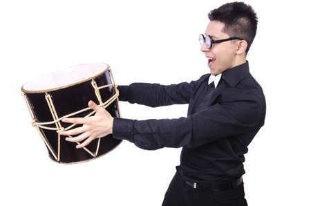 Funny man with drum on whiteの写真素材