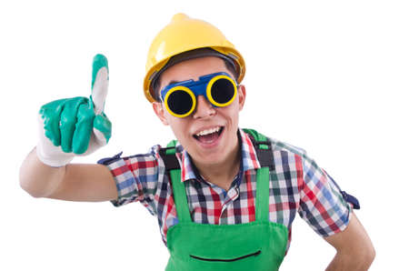 Funny construction worker isolated on whiteの写真素材