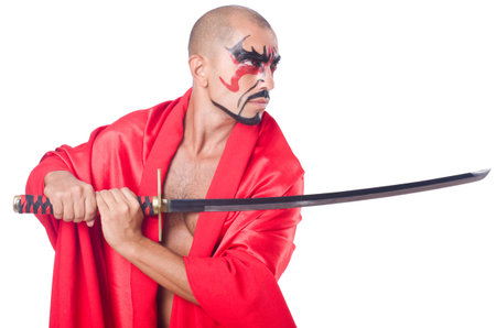 Man with sword isolated on whiteの写真素材