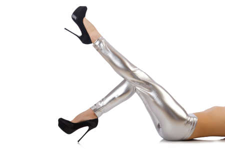 Woman legs with stockings on whiteの写真素材