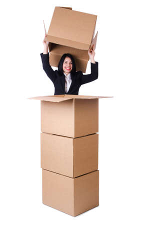 Woman with lots of boxes on whiteの写真素材