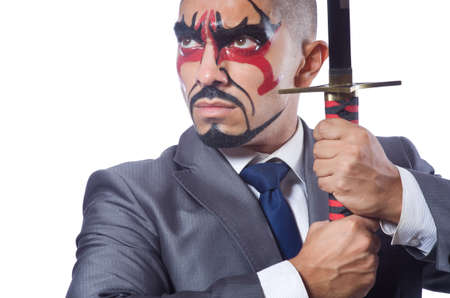 Businessman with sword isolated on whiteの写真素材