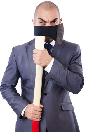 Funny businessman with axe on whiteの写真素材