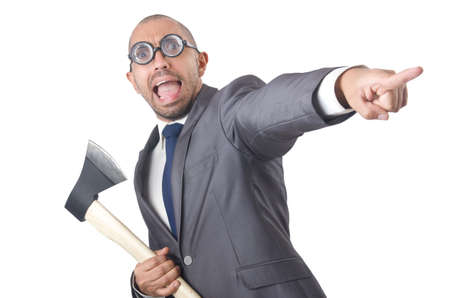 Funny businessman with axe on whiteの写真素材
