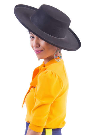 Model wearing fashionable clothing on whiteの写真素材