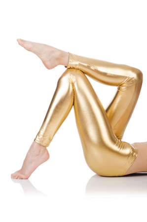 Woman legs with stockings on whiteの写真素材