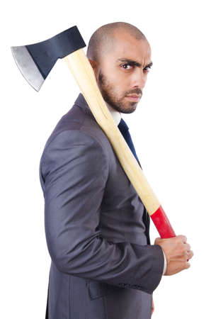 Funny businessman with axe on whiteの写真素材