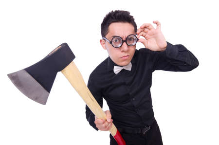 Funny man with axe on whiteの写真素材