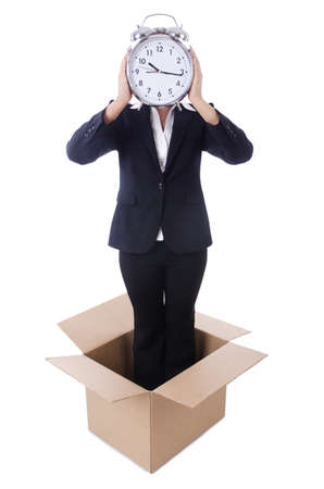 Woman with clock in the boxの写真素材
