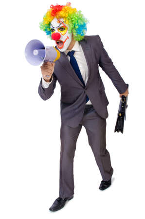 Businessman clown with loudspeaker on whiteの写真素材