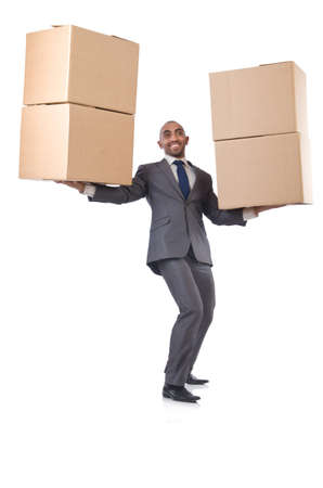 Businessman with box isolated on the whiteの写真素材