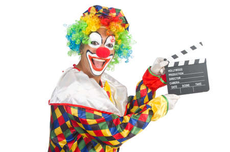 Clown with movie board on whiteの写真素材