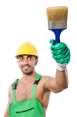 Painter in green coveralls on whiteの写真素材