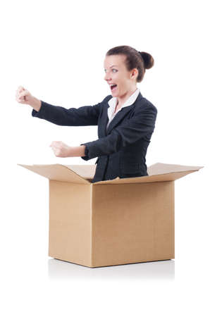 Woman with boxes on whiteの写真素材