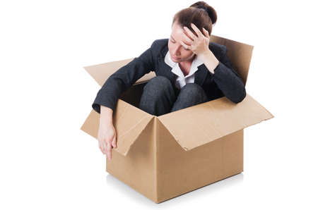 Woman businesswoman with boxes on whiteの写真素材