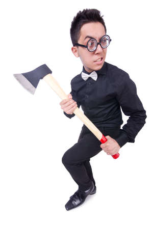 Funny man with axe on whiteの写真素材
