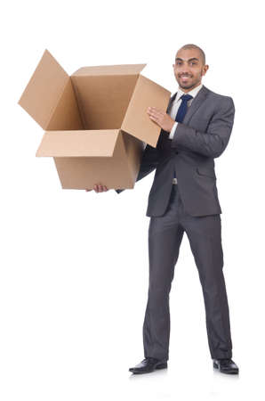 Businessman with box isolated on the whiteの写真素材