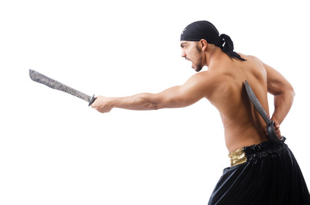 Man in pirate costume in halloween conceptの写真素材