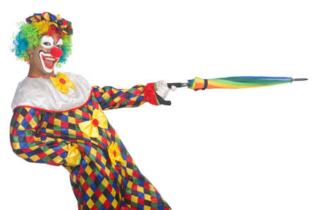Clown with umbrella isolated on whiteの写真素材