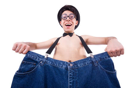 Funny man with trousers isolated on whiteの写真素材