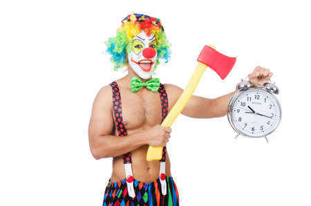 Clown with clock and axe on whiteの写真素材