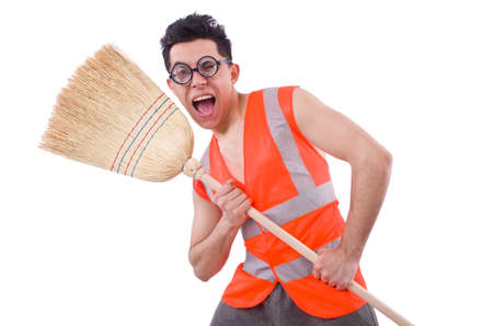 Funny janitor isolated on whiteの写真素材