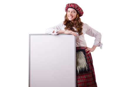 Scottish woman with board on whiteの写真素材