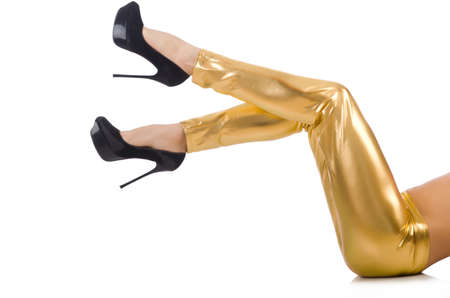 Woman legs with stockings on whiteの写真素材