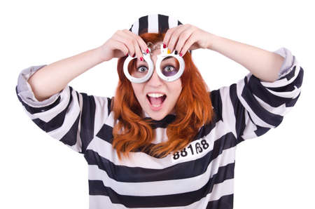 Prisoner in striped uniform on whiteの写真素材